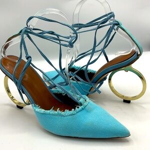 Riviera Frayed Cotton Pumps Stylish Blue Women's Heels with Round Gold Heel